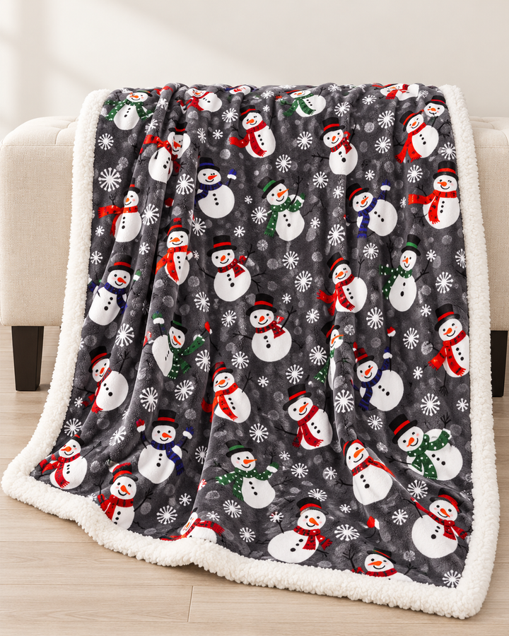 Christmas Fleece Blanket | Festive Snowman &amp; Reindeer Throw, 150 x 200 cm