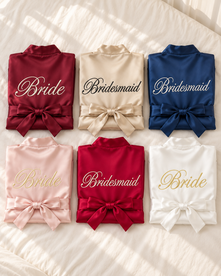 Bride &amp; Bridesmaid Robes | Embroidered Satin Dressing Gown for Wedding Morning &amp; Hen Party