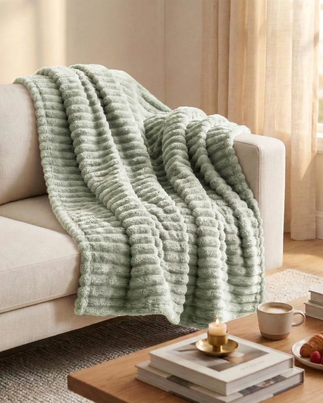 Ribbed Fleece Blanket | Plush Sofa Throw &amp; Bed Blanket, 4 Sizes