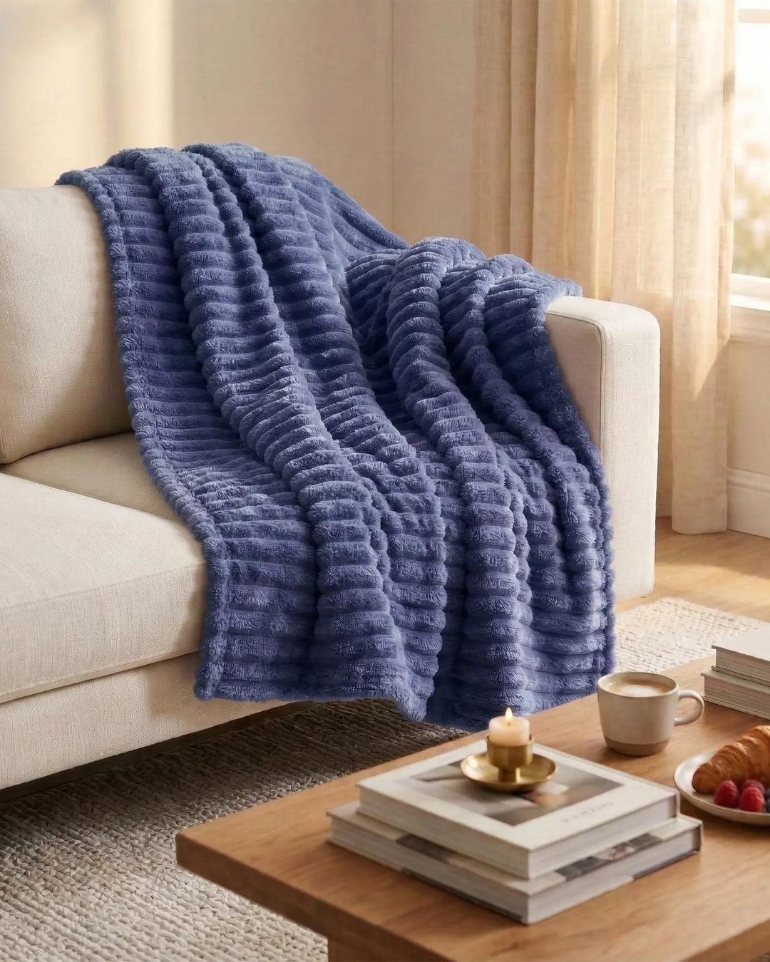 Ribbed Fleece Blanket | Plush Sofa Throw &amp; Bed Blanket, 4 Sizes