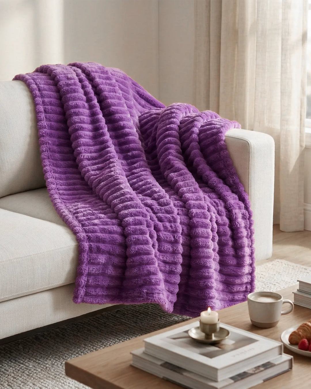 Ribbed Fleece Blanket | Plush Sofa Throw &amp; Bed Blanket, 4 Sizes