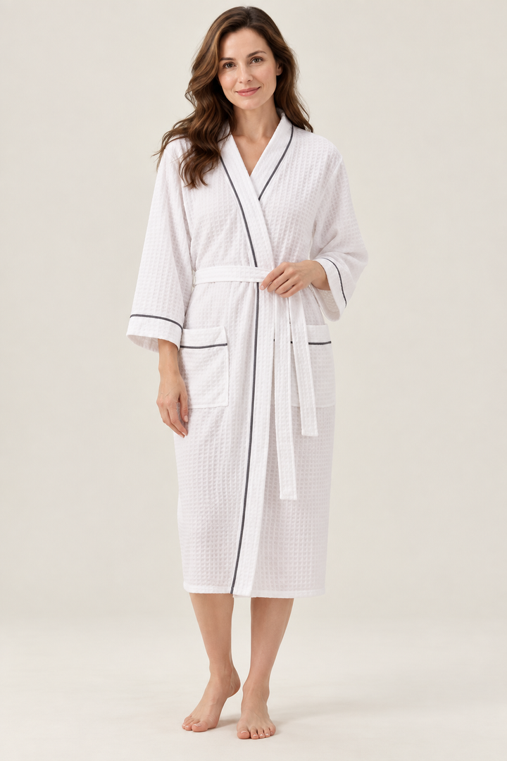 Matching Couples Dressing Gowns | Long Waffle Kimono Robes with Tie Belt