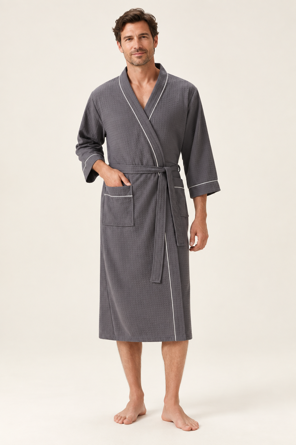 Matching Couples Dressing Gowns | Long Waffle Kimono Robes with Tie Belt