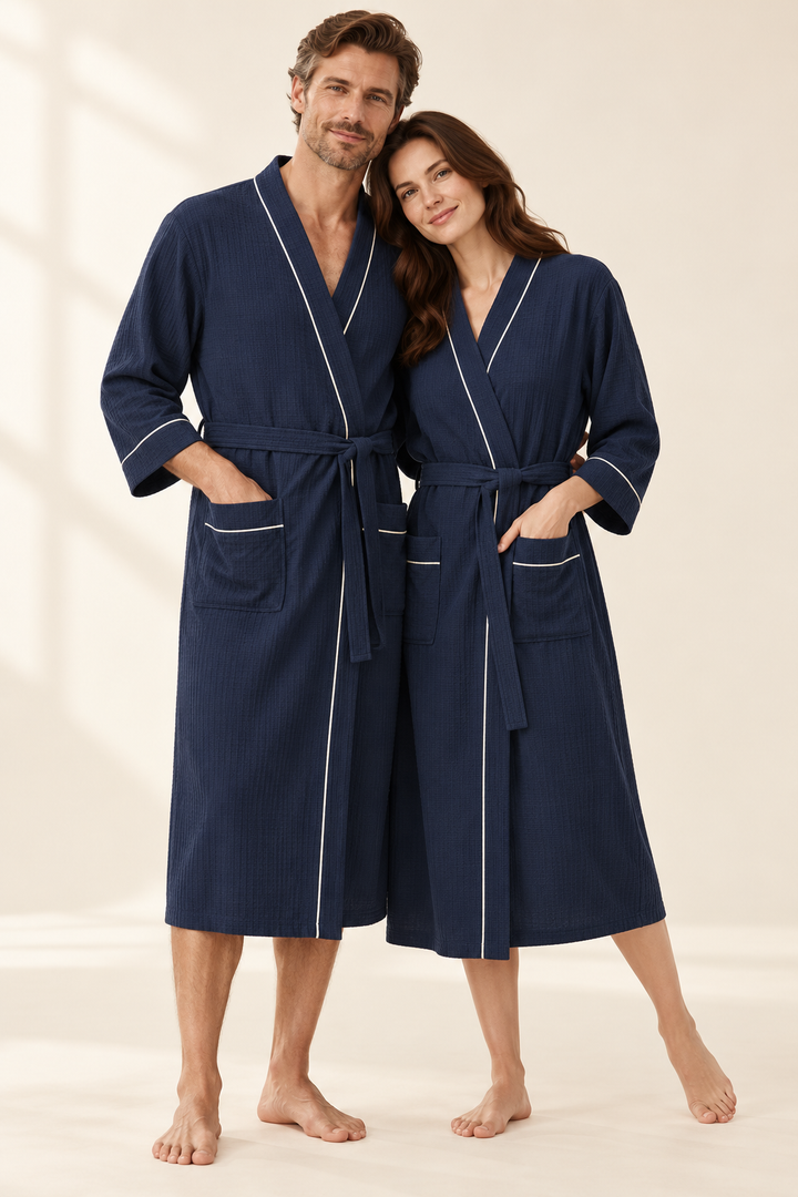 Matching Couples Dressing Gowns | Long Waffle Kimono Robes with Tie Belt