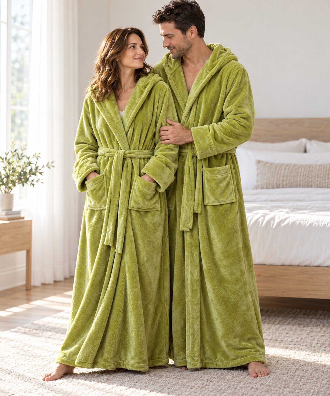 Matching Couples Dressing Gowns | Long Hooded Plush Fleece Robes, His &amp; Hers