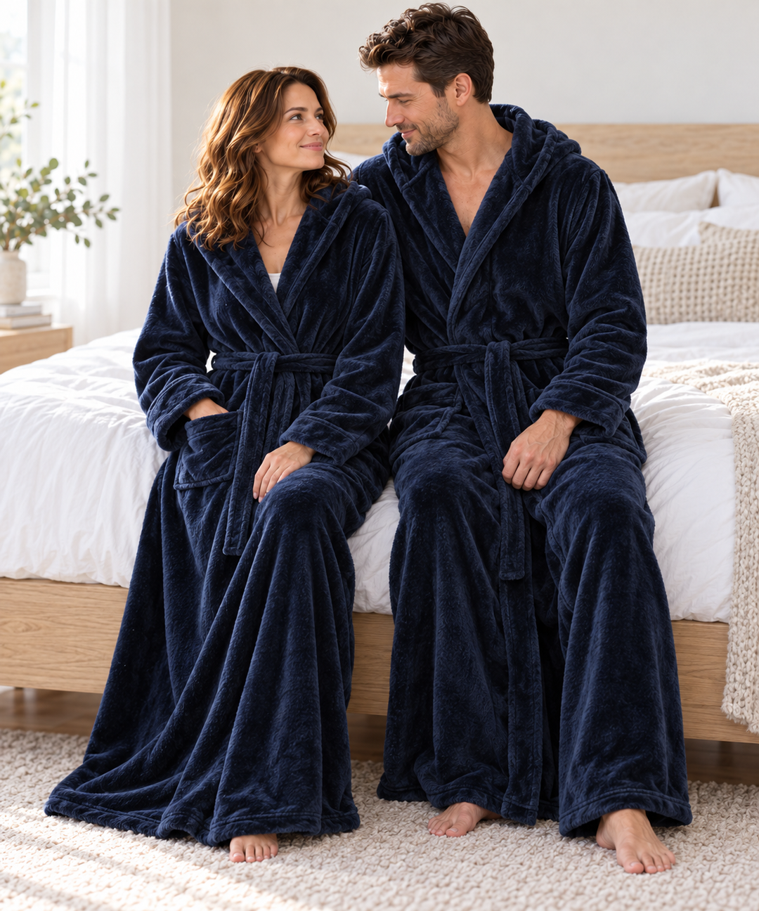 Matching Couples Dressing Gowns | Long Hooded Plush Fleece Robes, His &amp; Hers