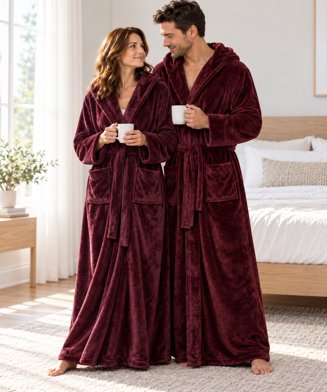 Matching Couples Dressing Gowns | Long Hooded Plush Fleece Robes, His &amp; Hers
