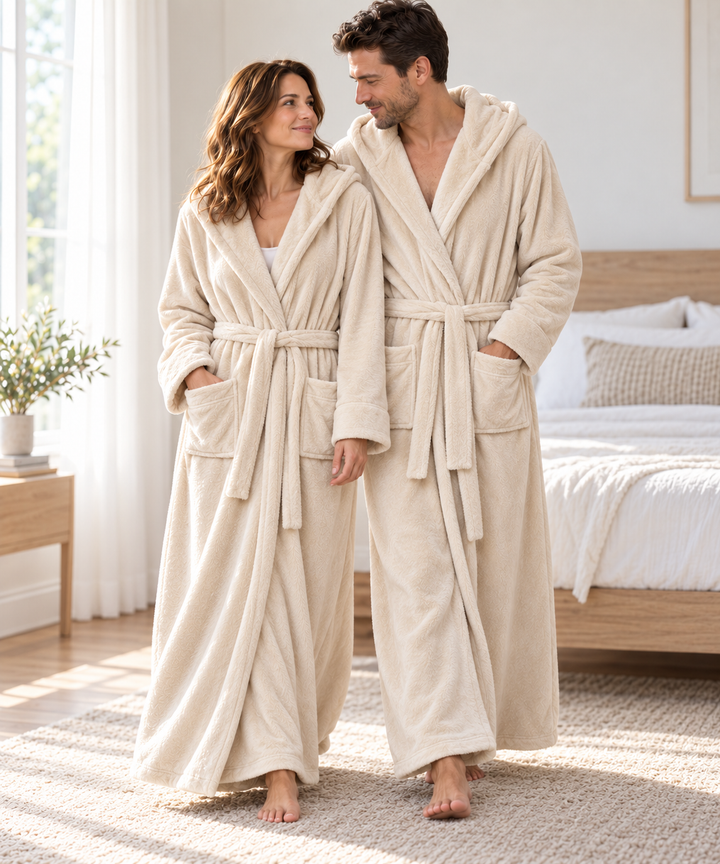 Matching Couples Dressing Gowns | Long Hooded Plush Fleece Robes, His &amp; Hers