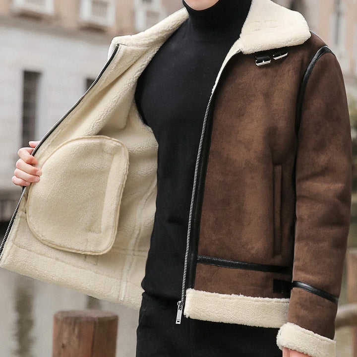 Men’s Shearling-Lined Suede Bomber Jacket — Chunky Plush