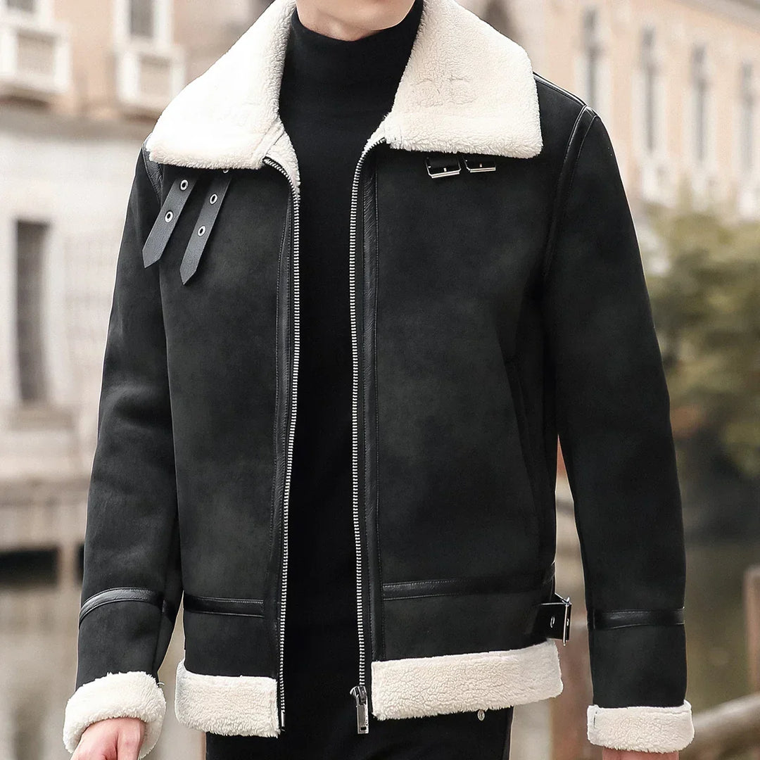 Men’s Shearling-Lined Suede Bomber Jacket — Chunky Plush