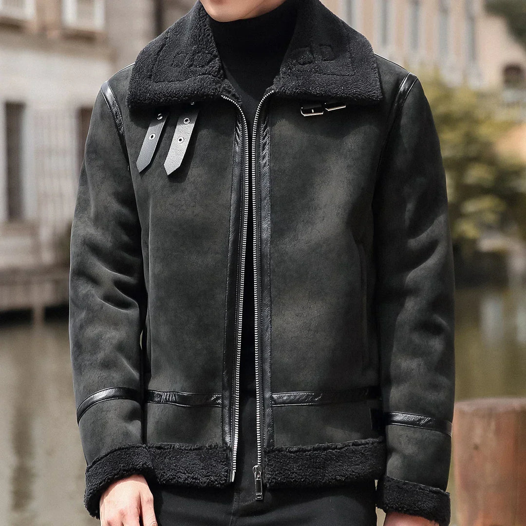 Men’s Shearling-Lined Suede Bomber Jacket — Chunky Plush