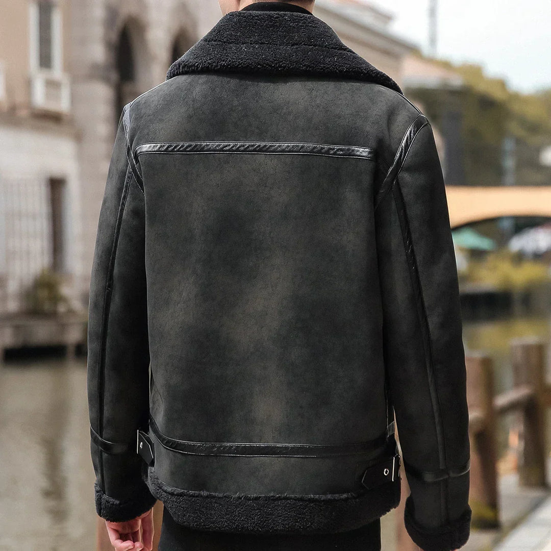 Men’s Shearling-Lined Suede Bomber Jacket — Chunky Plush