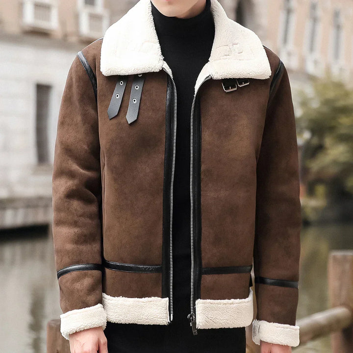 Men’s Shearling-Lined Suede Bomber Jacket — Chunky Plush