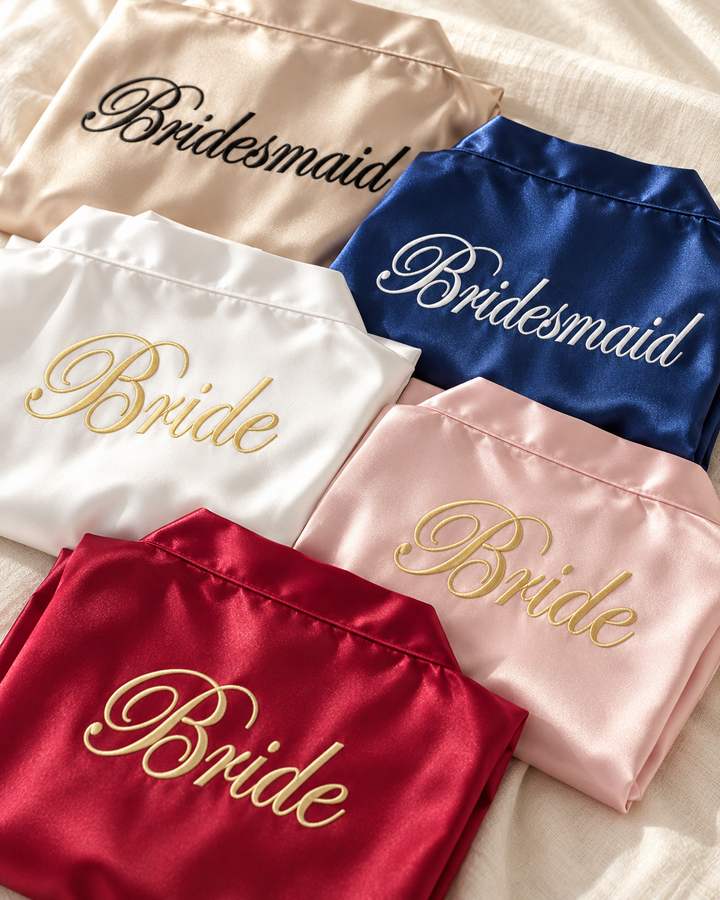 Bride &amp; Bridesmaid Robes | Embroidered Satin Dressing Gown for Wedding Morning &amp; Hen Party